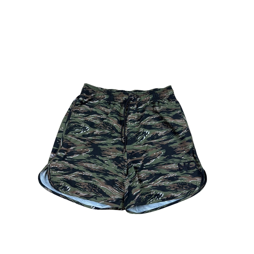 NFO Mens Tiger Stripe Camo Athletic Shorts Green Black Size Medium Drawstring